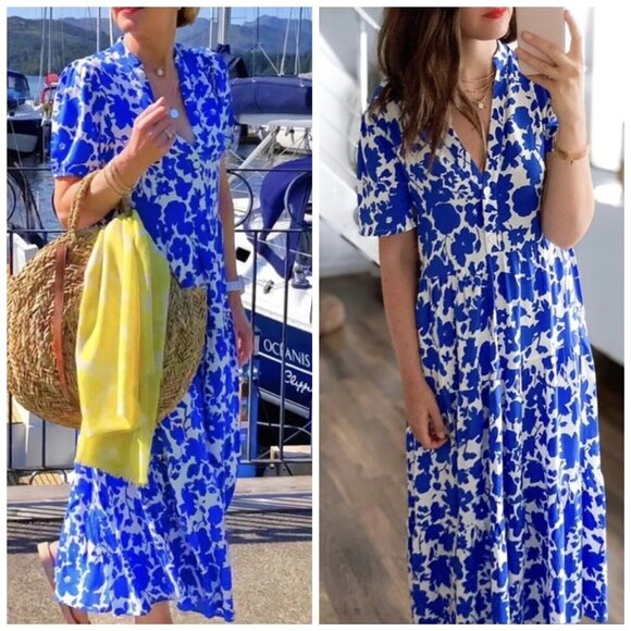 Zara Blue White Floral Maxi Dress Button Front Lightweight Fabric Women’s Casual - Picture 1 of 11